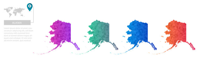 Set of vector polygonal Alaska maps. Bright gradient map of country in low poly style. Multicolored country map in geometric style for your infographics, polygonal design for your ,Vector eps10