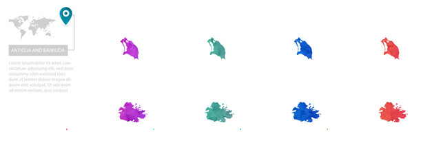 Set of vector polygonal Antigua and Barbuda maps. Bright gradient map of country in low poly style. Multicolored country map in geometric style for your infographics,