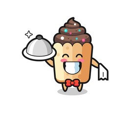 Character mascot of cupcake as a waiters