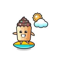 Illustration of cupcake cartoon do surfing on the beach
