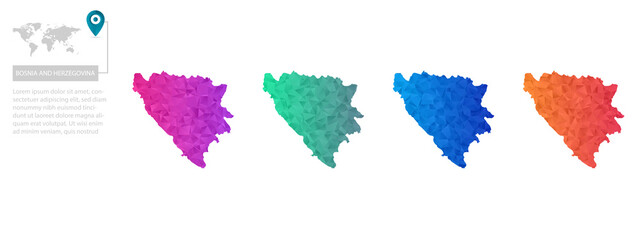 Set of vector polygonal Bosnia and Herzegovina maps. Bright gradient map of country in low poly style. Multicolored country map in geometric style for your infographics