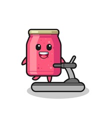 strawberry jam cartoon character walking on the treadmill