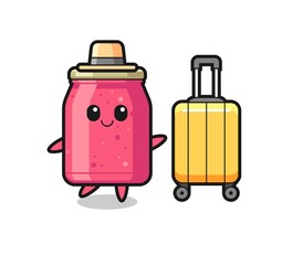 strawberry jam cartoon illustration with luggage on vacation