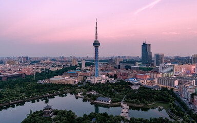 The urban landscape of Changchun, China under the sunset