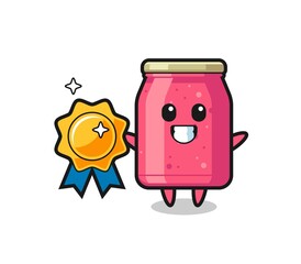 strawberry jam mascot illustration holding a golden badge