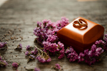 Romantic lovers. Love concept. Golden rings. Ring. Photo. Wedding