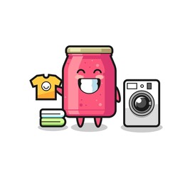 Mascot cartoon of strawberry jam with washing machine