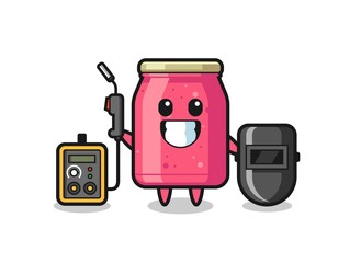 Character mascot of strawberry jam as a welder