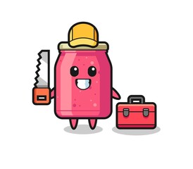 Illustration of strawberry jam character as a woodworker