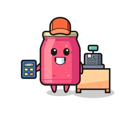 Illustration of strawberry jam character as a cashier