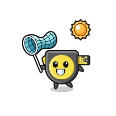 tape measure mascot illustration is catching butterfly