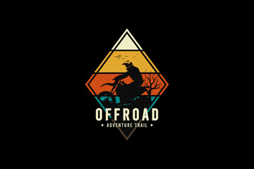 Off road adventure trail, silhouette retro vintage style hand drawing