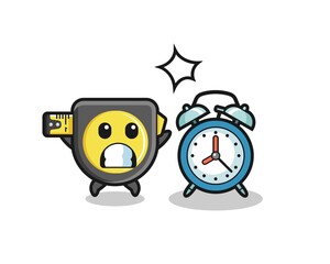 Cartoon Illustration of tape measure is surprised with a giant alarm clock