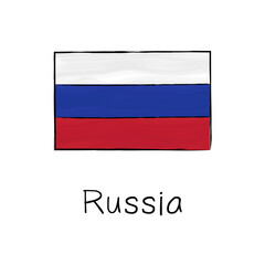 Russian country flag with signature, graphic element. Hand drawn vector illustration in sketch style.