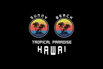 19.Tropical beach Hawaii, silhouette retro vintage style hand drawing