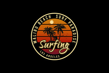 Malibu beach, silhouette retro vintage style hand drawing