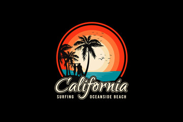 California surfing, silhouette retro vintage style hand drawing