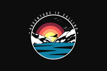 Adventure is calling, silhouette retro style
