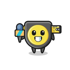 Character mascot of tape measure as a news reporter