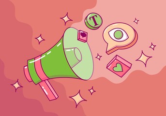 Ilustración megáfono con iconos y símbolos de contenidos varios para redes sociales, blogs y web