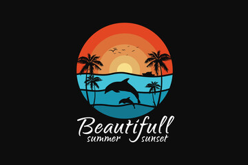 Beautiful summer sunset, silhouette retro style