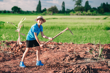 Children boy holding hoe and dig soil for planting tree in garden 