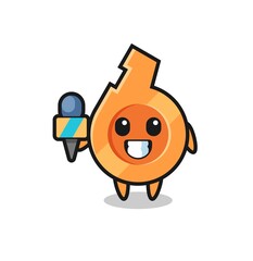Character mascot of whistle as a news reporter