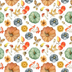 Seamless watercolor pattern. Pumpkins, 
autumn leaves, berries, flowers, apples. Autumn holidays.