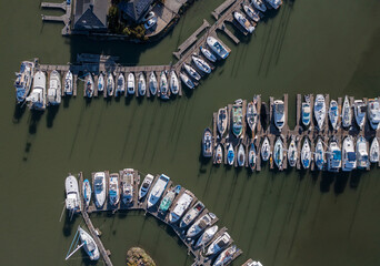 Aerial shot of a marina in the northern Bay Area of California