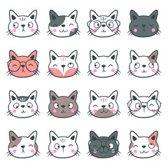 Set of cute cats head hand drawn