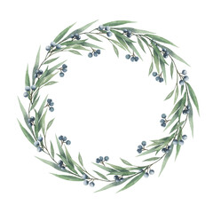 A watercolor wreath of herbs and blue berries.