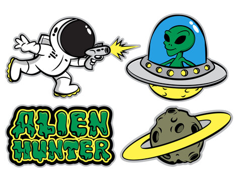 Set of Alien Hunter cartoon characters, Astronaut shooting with gun, Alien driving UFO, Asteroid with rings, and "Alien Hunter" typography with melting text effect