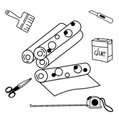 Tools for pasting wallpaper. Repair. Vector set on an isolated white background. Rolls of wallpaper for walls, scissors, tape measure, brush, glue. Doodle illustrations on the topic of repair.