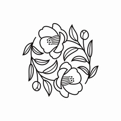 椿の花、ロゴ、アイコンのための、シンプルな線画。