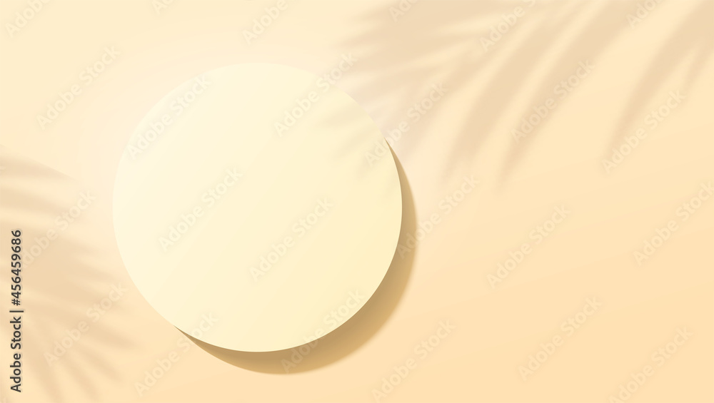 Poster minimalistic geometric background with shadow of palm leaves and podium. scene for product display. 
