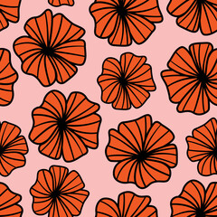 Bold orange retro floral seamless vector pattern. Large abstract flower illustrations on pink coloured background. Minimal, bright, fun, funky, decorative print. Repeat backdrop wallpaper texture. 