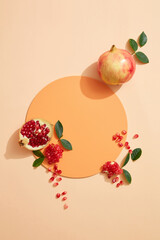 Top view cosmetic background for product presentation with pomegranate extract. Empty Cosmetic...