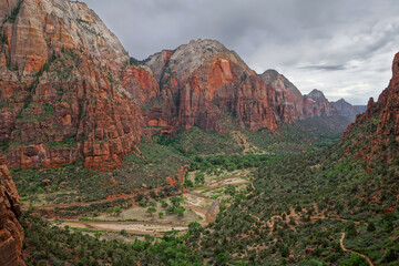 An upper view of the valley of Zion National Park on a gloomy and cloudy day, taken while on the way up to Angel's Landing.