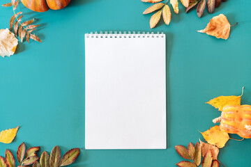 Blank notepad sheet on cyan background with dry leaves.