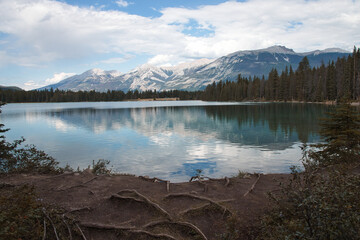 Peaceful mountain lake in Jasper National Park