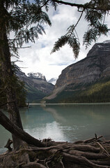 Kinney Lake in Mount Robson Provincial Park in front of massive mountains