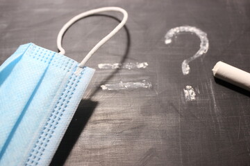 mask objects different and question marks, in chalk on a board as a concept, concept of frequently...
