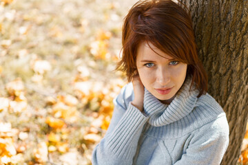 Beautiful girl in the autumn forest. A woman sits near a tree in an autumn park on a sunny day in a knitted sweater, enjoys the silence on a sunny warm day