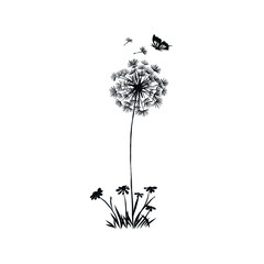 Dandelion and butterfly silhouette. Hand drawn vector clip art. 