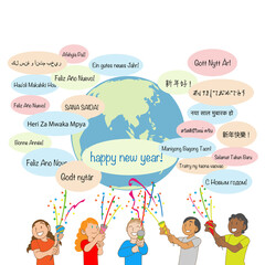 各国の言葉で新年を祝う多民族の子供たち