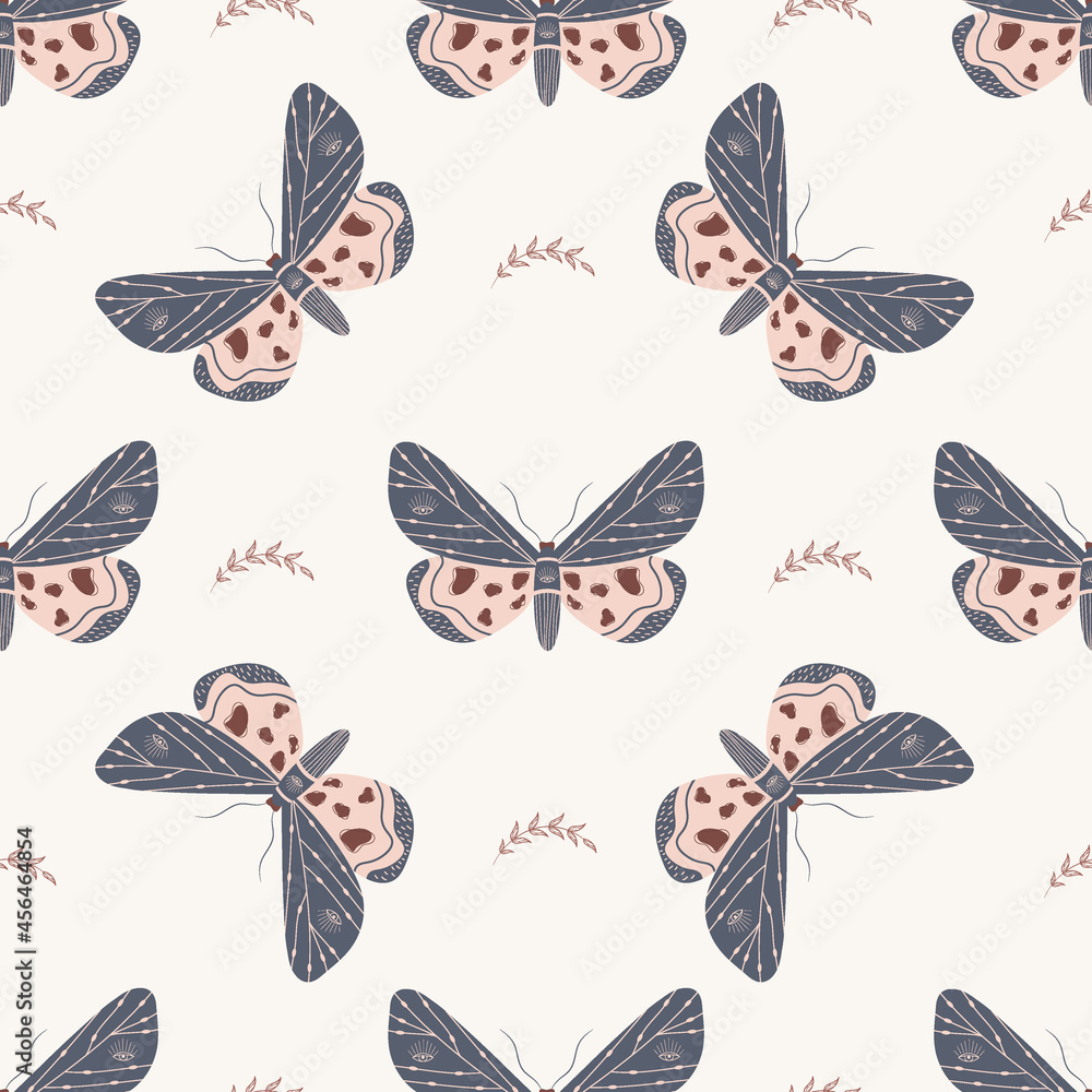Wall mural seamless pattern with boho butterfly. insect with celestial elements. witch and magic symbol for tex