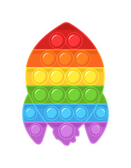 Pop it fidget. Trendy sensory plaything. Rocket shaped antistress children game. Colorful hand toy with push bubbles. Vector illustration in flat cartoon style.