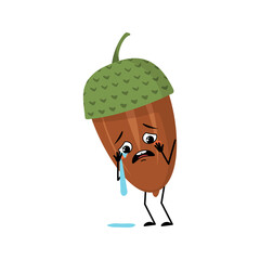 Character acorn with crying and tears emotion, sad face, depressive eyes, arms and legs. Melancholy forest plant, autumn nut