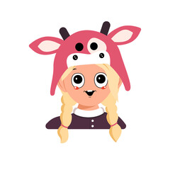 Avatar of a girl with blonde hair, big eyes and a wide happy smile in a cow hat. Head of a cute child with a joyful face in a carnival costume for the holiday or new year