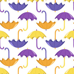 Fototapeta na wymiar Seamless pattern with bright yellow and purple umbrellas on a white background. Cute autumn print for textiles, wrapping paper and design